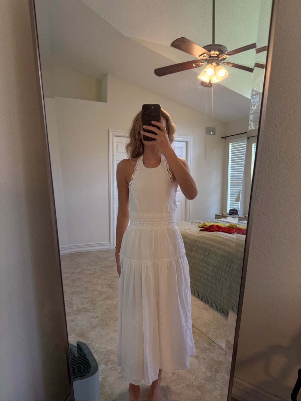 Trixxi White Crochet-Trim Halter Maxi Dress